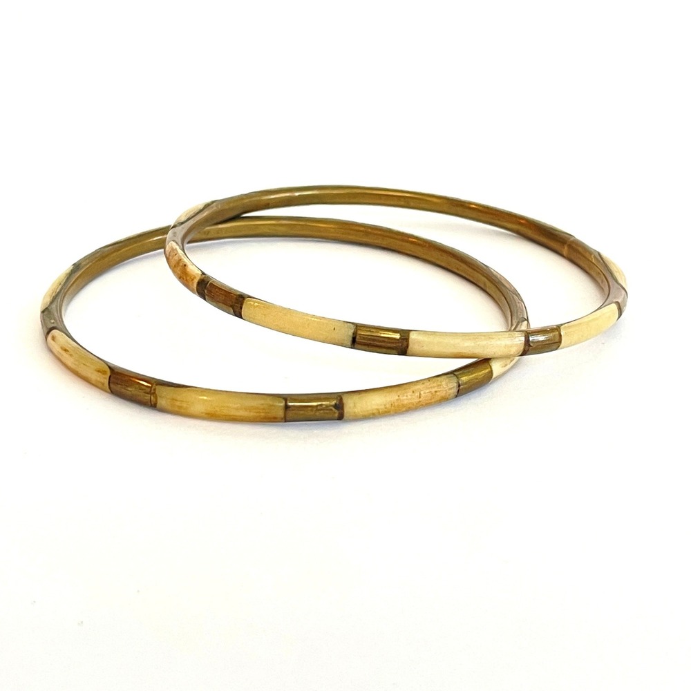 Vintage Brass and Inlaid Bone Bangle Bracelets 2 Boho skinny Stacking Jewelry